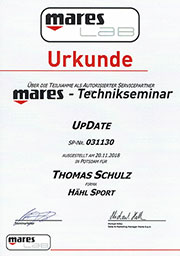 Urkunde der Teilnahme von Thomas am Mares Technikseminar 2018